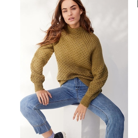 ANTHROPOLOGIE Bia Chunky Mock Neck Knit Sweater Olive Green, Size Medium - Picture 2 of 16